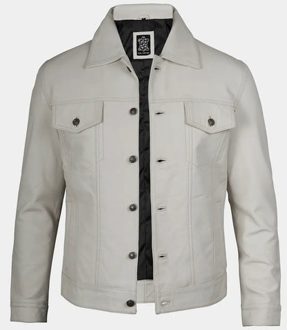 Men's Off White Four Pockets Real Leather Trucker Jacket image 1