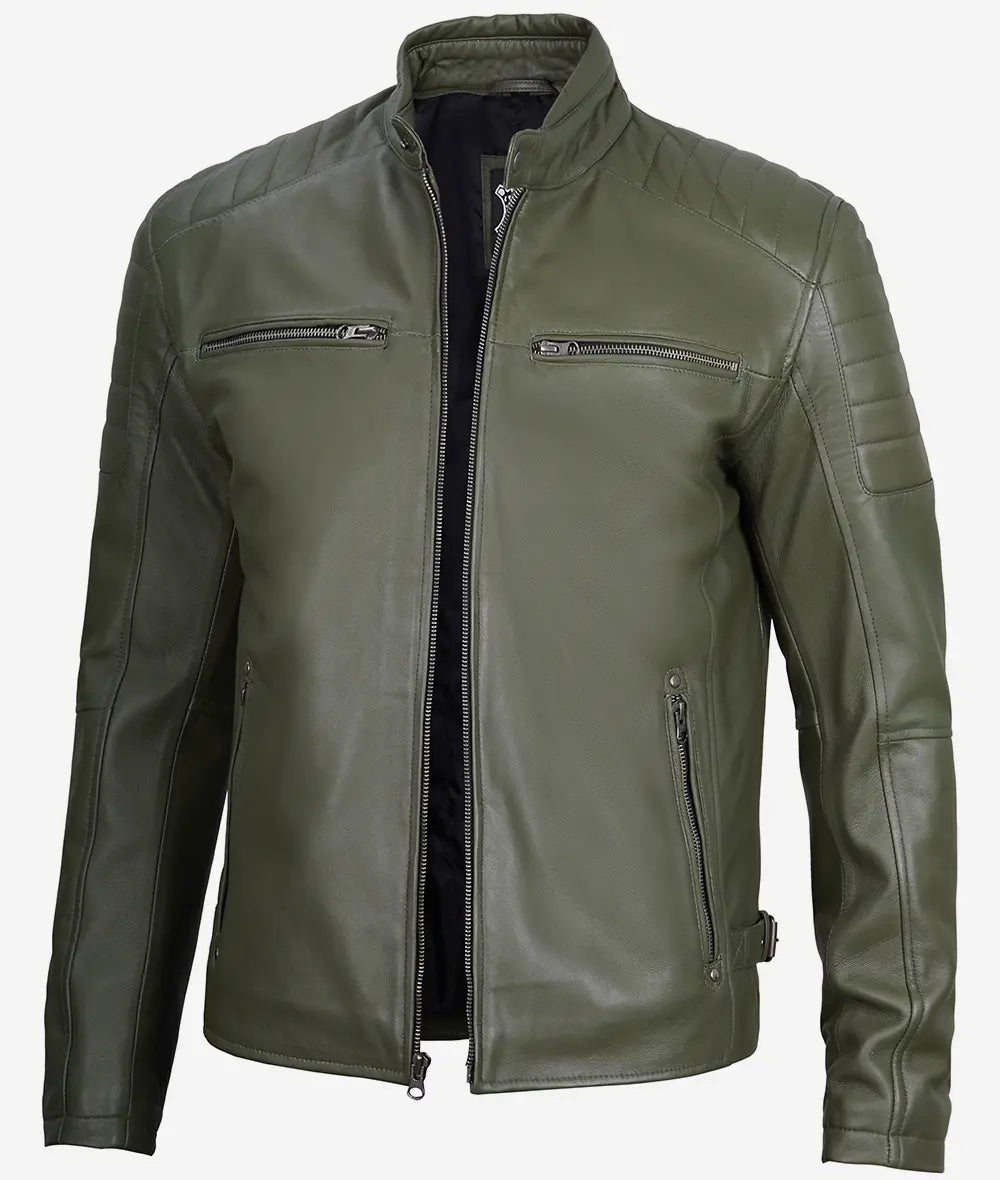 Men's Military Green Cafe Racer Leather Jacket image 0