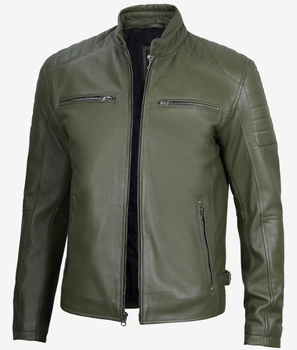 Men's Military Green Cafe Racer Leather Jacket image 0