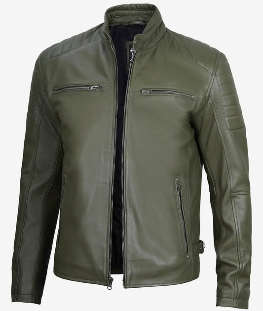 Men's Military Green Cafe Racer Leather Jacket image 0