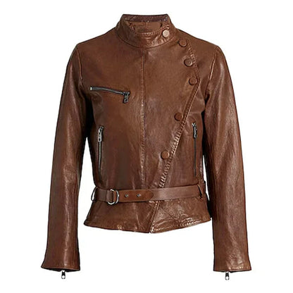 Women's Brown Stylish Button Moto Leather Jacket image 0