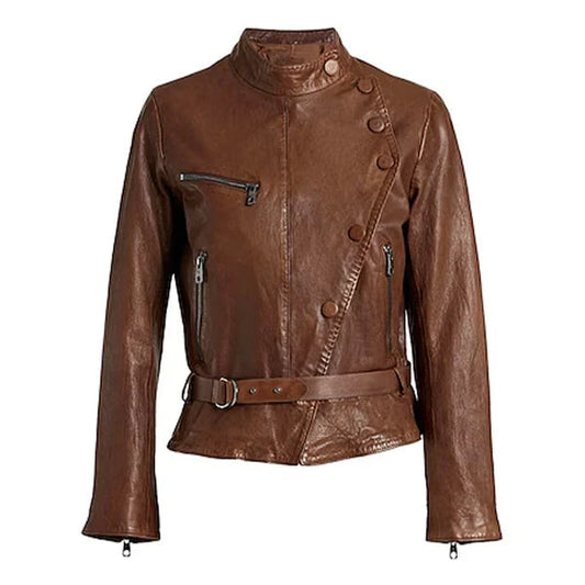 Women's Brown Stylish Button Moto Leather Jacket image 0