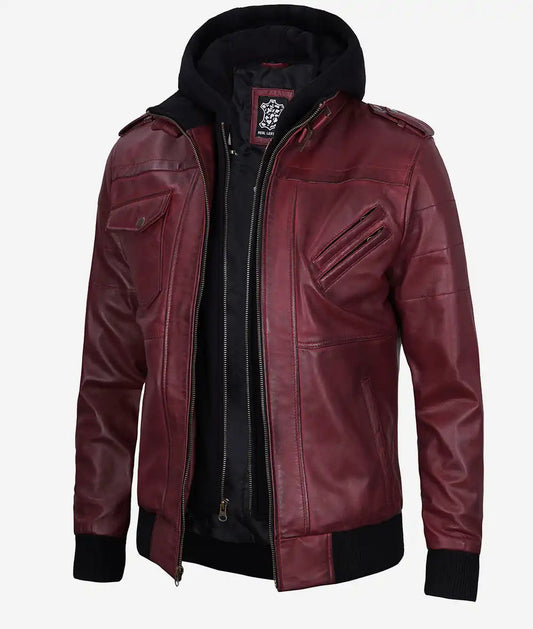 Men's Maroon Leather Jacket with Removable Hood image 0