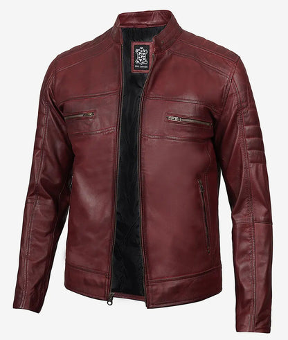 Men's Maroon Cafe Racer Leather Jacket image 0