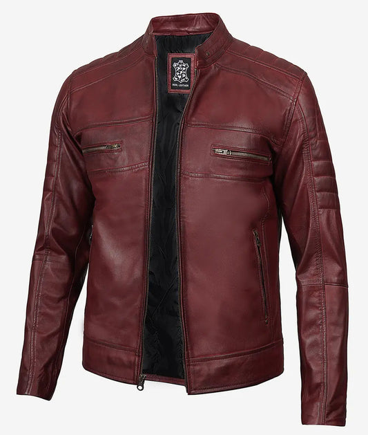 Men's Maroon Cafe Racer Leather Jacket image 0
