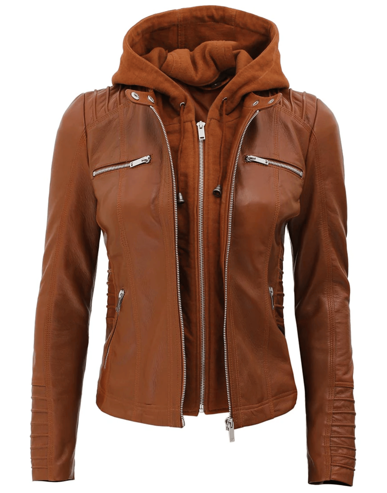 Womens Brown Racer Leather Jacket With Removable Hood image 0