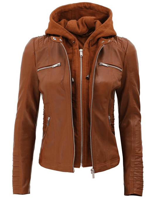 Womens Brown Racer Leather Jacket With Removable Hood image 0