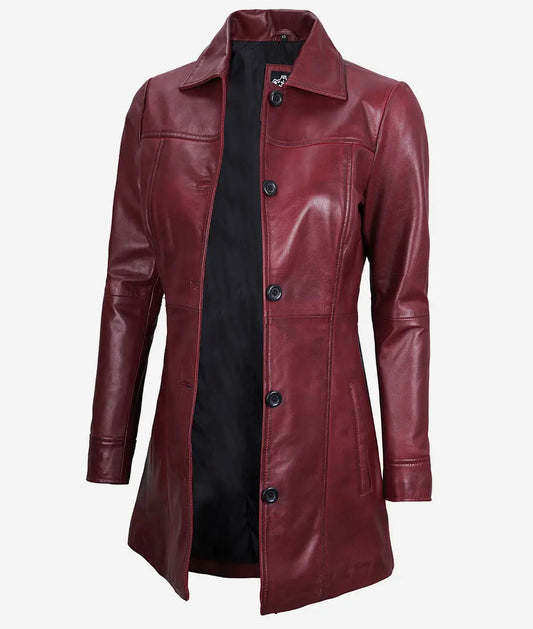 Women's Maroon Button Down Leather Car Coat image 0