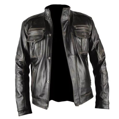 Men's Infinity Distressed Black Genuine Real Leather Jacket image 0