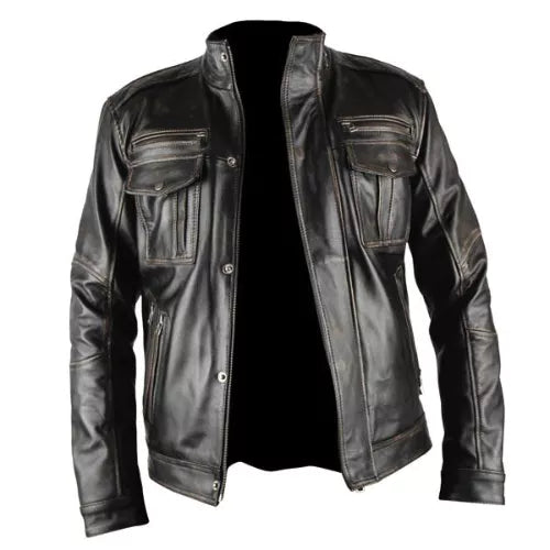 Men's Infinity Distressed Black Genuine Real Leather Jacket image 0