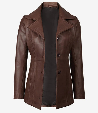Women's Dark Brown Leather Coat - Three Button image 1