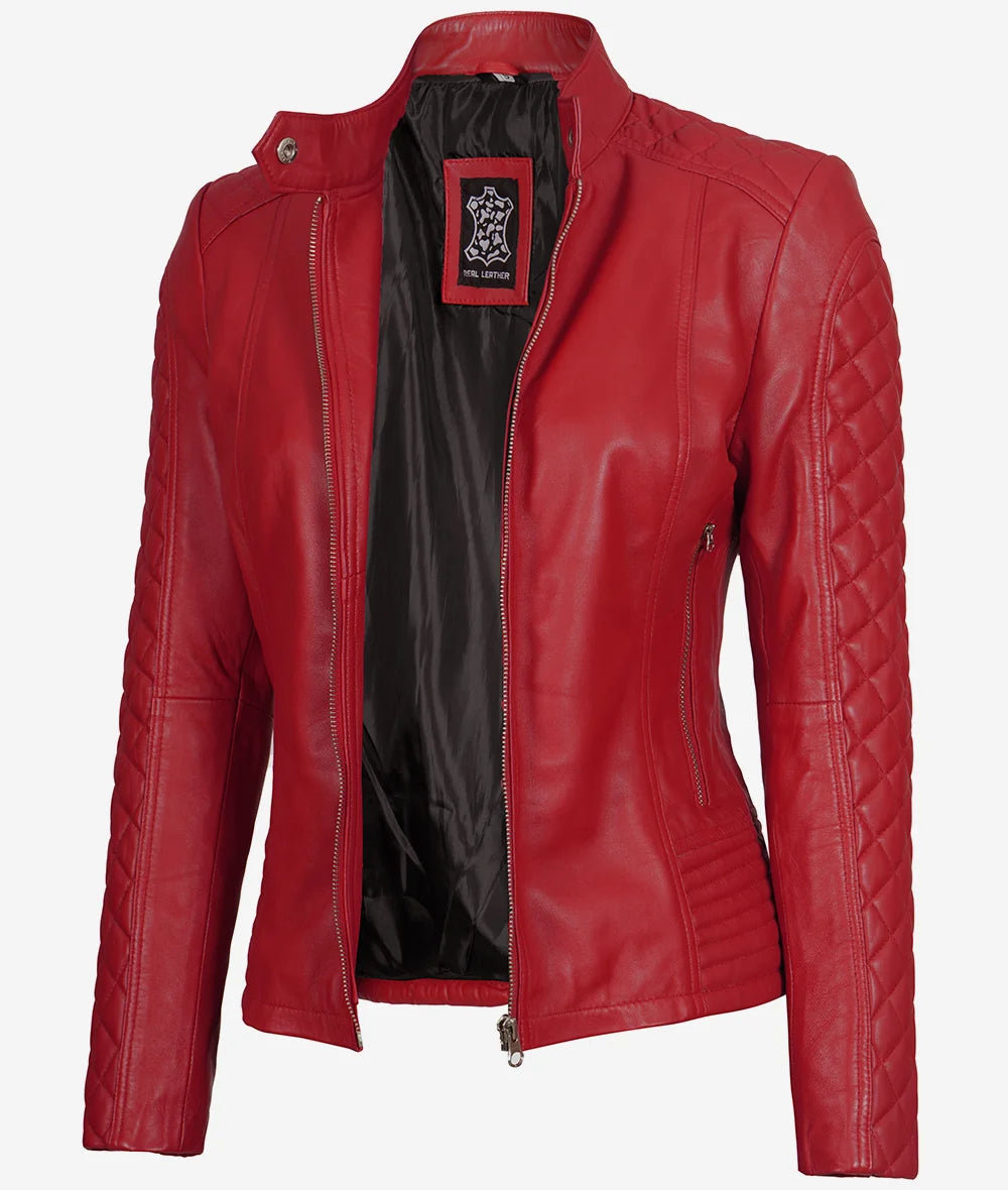 Women's Red Quilted Cafe Racer Real Leather Jacket image 1