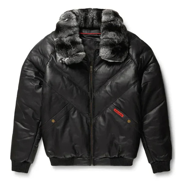 Men's V-Bomber Full Fox Collar Faux Shearling Black Leather Jacket image 0