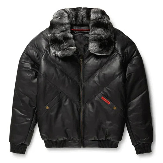 Men's V-Bomber Full Fox Collar Faux Shearling Black Leather Jacket image 0