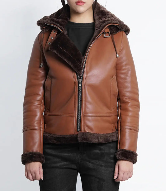 Women's Cognac Brown B3 Bomber Aviator Shearling Leather Jacket image 0