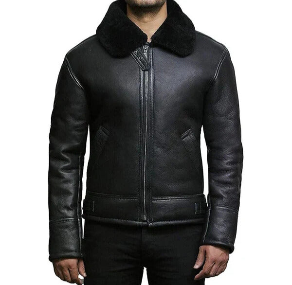 Men's Faux Shearling Real Black Leather Jacket image 0