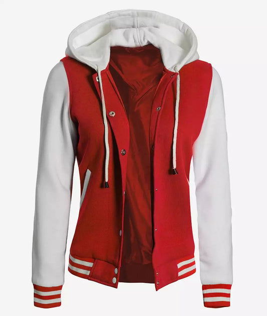 Women's Red and White Varsity Hooded Jacket - Baseball Style image 0