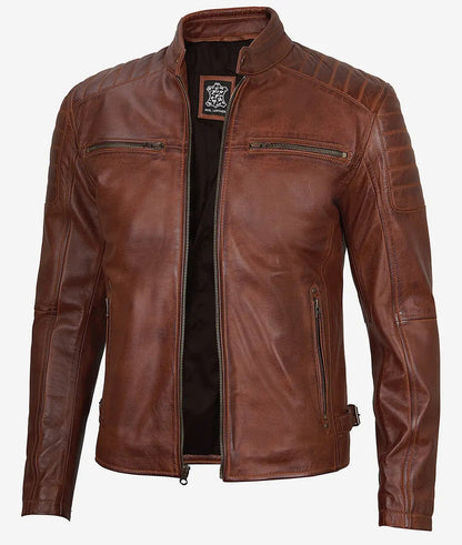 Men's Waxed Cognac Cafe Racer Real Leather Jacket image 0