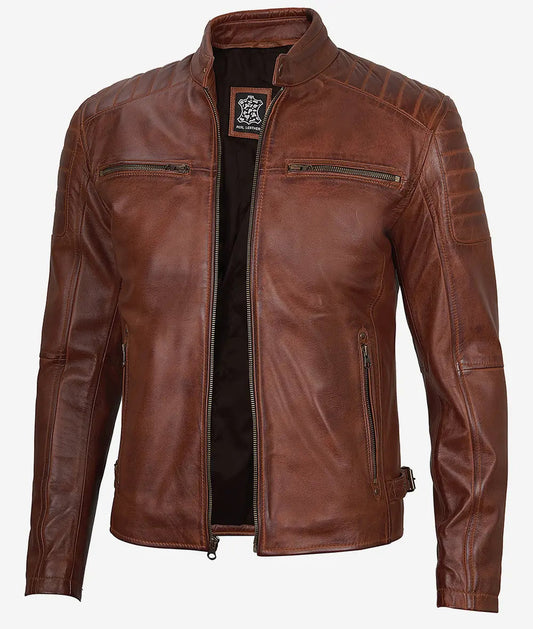 Men's Waxed Cognac Cafe Racer Real Leather Jacket image 0