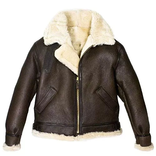 B4 Brown Genuine Leather Jacket Faux Shearling image 0