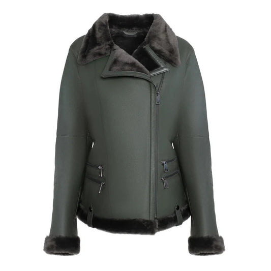 Women's Spanish Merino Green Faux Shearling Leather Jacket image 0