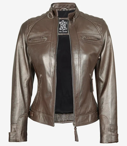 Women's Bronze Real Leather Motorcycle Jacket image 1