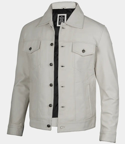 Men's Off White Four Pockets Real Leather Trucker Jacket image 0