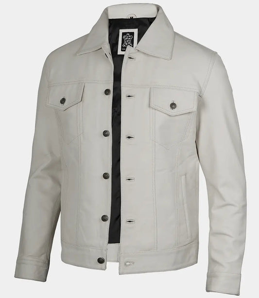 Men's Off White Four Pockets Real Leather Trucker Jacket image 0