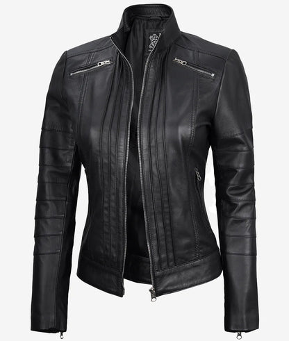 Bergamo Women's Cafe Racer Black Leather Jacket image 1