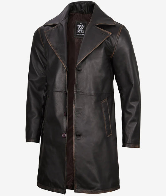 Men's Rub Off Brown 3/4 Length Real Leather Car Coat image 0
