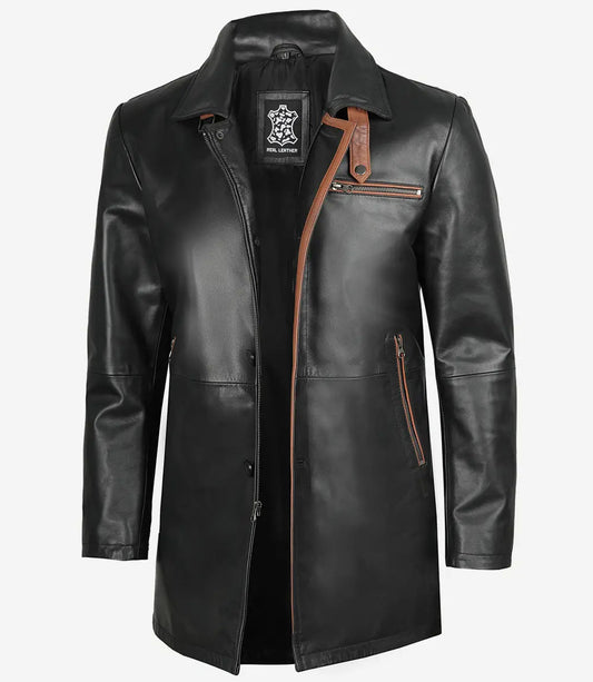 Men's Black 3/4 Length Leather Coat - Brown Detailing image 0