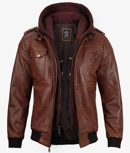 Men's Brown Leather Bomber Jacket With Removable Hood image 1