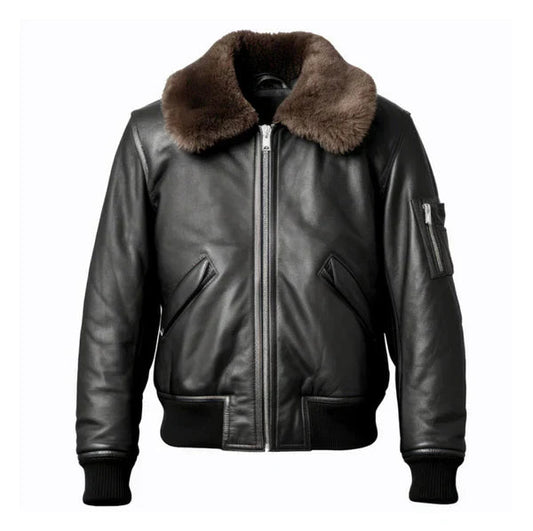 Men's B3 Aviation Lapel Black Faux Shearling Leather Jacket image 0