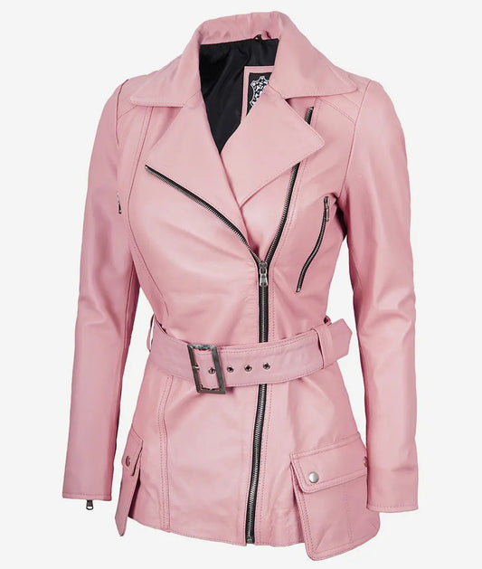 Women's Pink Belted Moto Real Leather Jacket image 0
