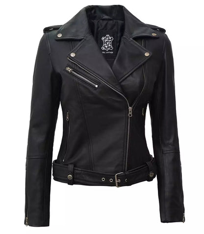 Margaret Women's Asymmetrical Black Belted Biker Leather Jacket image 1