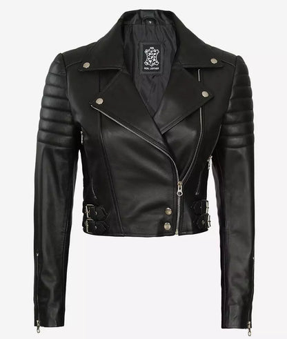 Women's Black Asymmetrical Cropped Moto Leather Jacket image 0
