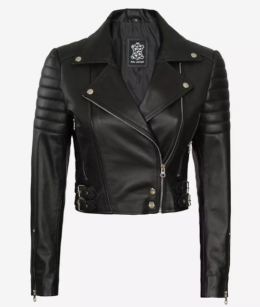 Women's Black Asymmetrical Cropped Moto Leather Jacket image 0