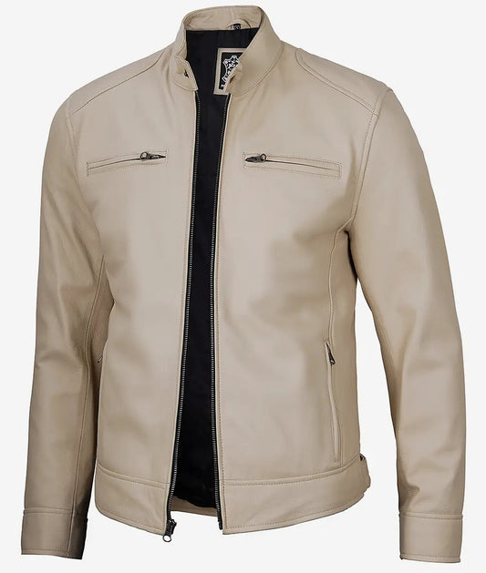 Men's Beige Cafe Racer Leather Jacket image 0