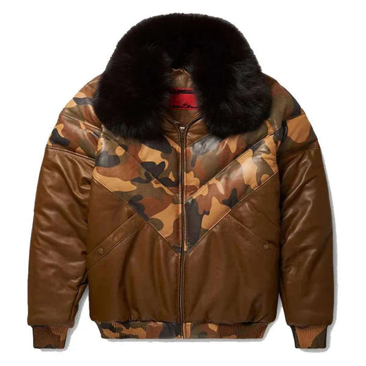 Men's V-Bomber Faux Shearling Brown Leather Jacket image 0
