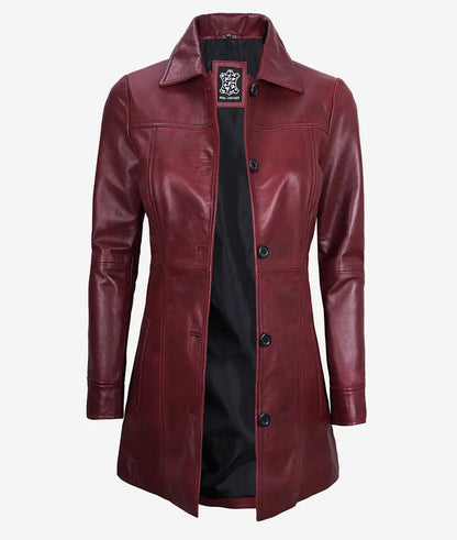 Women's Maroon Button Down Leather Car Coat image 1