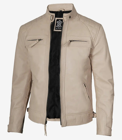 Men’s Cafe Racer Beige Real Leather Jacket - Quilted Shoulder image 1