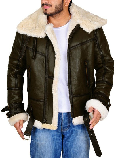 Mens Army Green Bomber Leather Jacket image 1