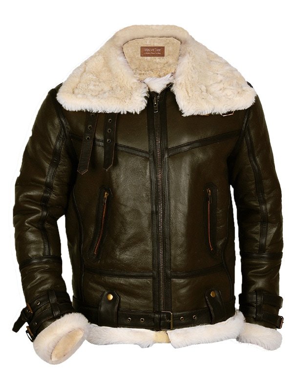 Mens Army Green Bomber Leather Jacket image 0