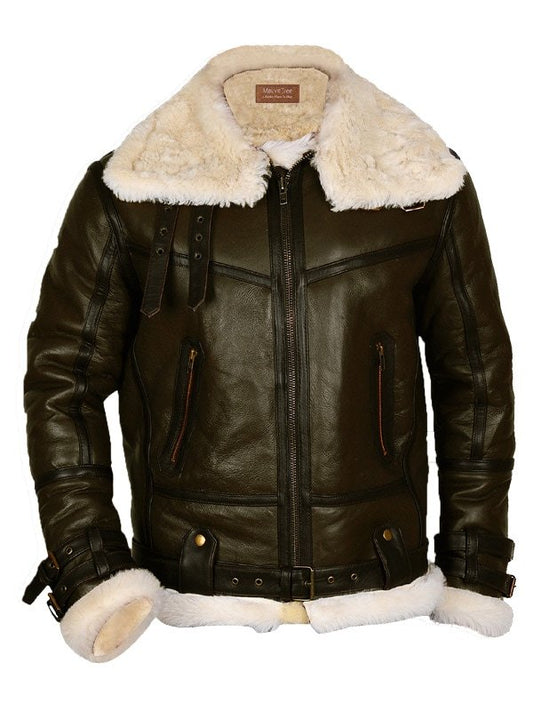 Mens Army Green Bomber Leather Jacket image 0