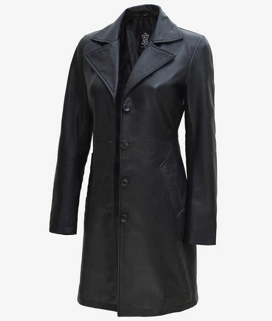 Women's Black Long Leather Trench Coat image 0