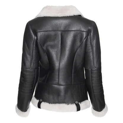 Women's Black Merino Wool White Faux Fur Shearling Leather Jacket image 1