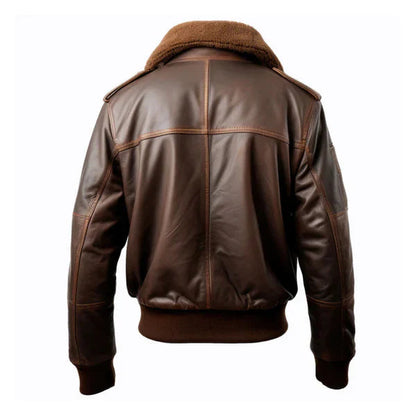 Men's Pilot Faux Shearling Lapel Brown Bomber Leather Jacket image 1