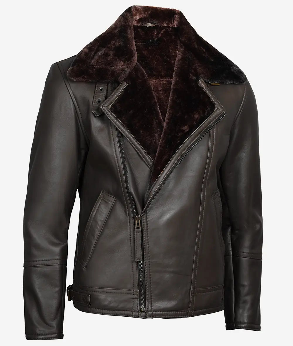 Men's Dark Brown Shearling Leather Moto Jacket with Asymmetrical Shearling Lining. image 1