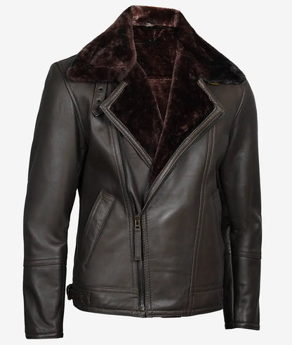 Men's Dark Brown Shearling Leather Moto Jacket with Asymmetrical Shearling Lining. image 1