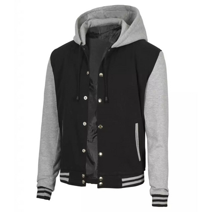 Men's Black And Grey Varsity Jacket With Hood image 0